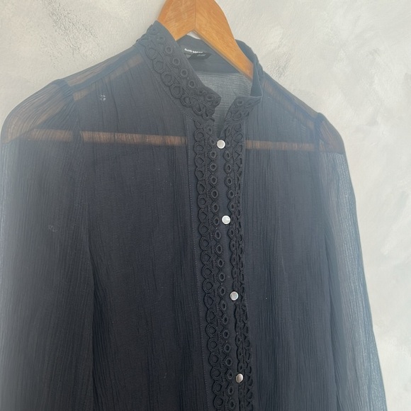 Club Monaco sheer silk blouse mandarin collar embroidered button up size small - Picture 2 of 9